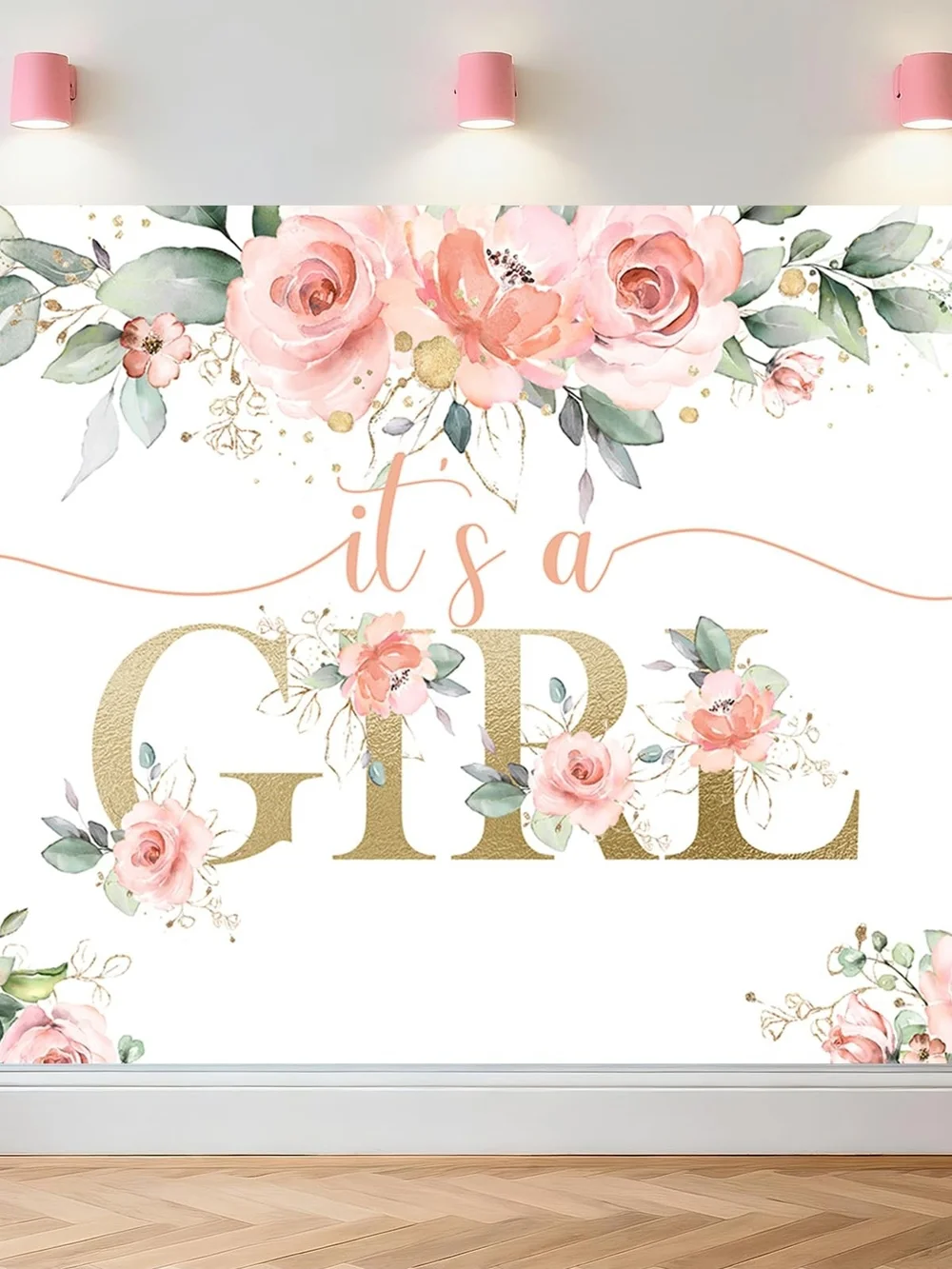 'It's a GIRL' Floral Backdrop Banner Pink & Gold New